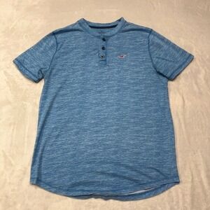 Y2K Hollister Henley Short Sleeve Shirt Seagull Logo Blue Men's Size‎ Large Slim